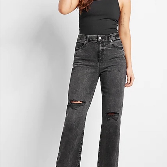 Express Ladies High Waisted Black Ripped Straight Ankle Jeans NWT Size 0R - Picture 4 of 6
